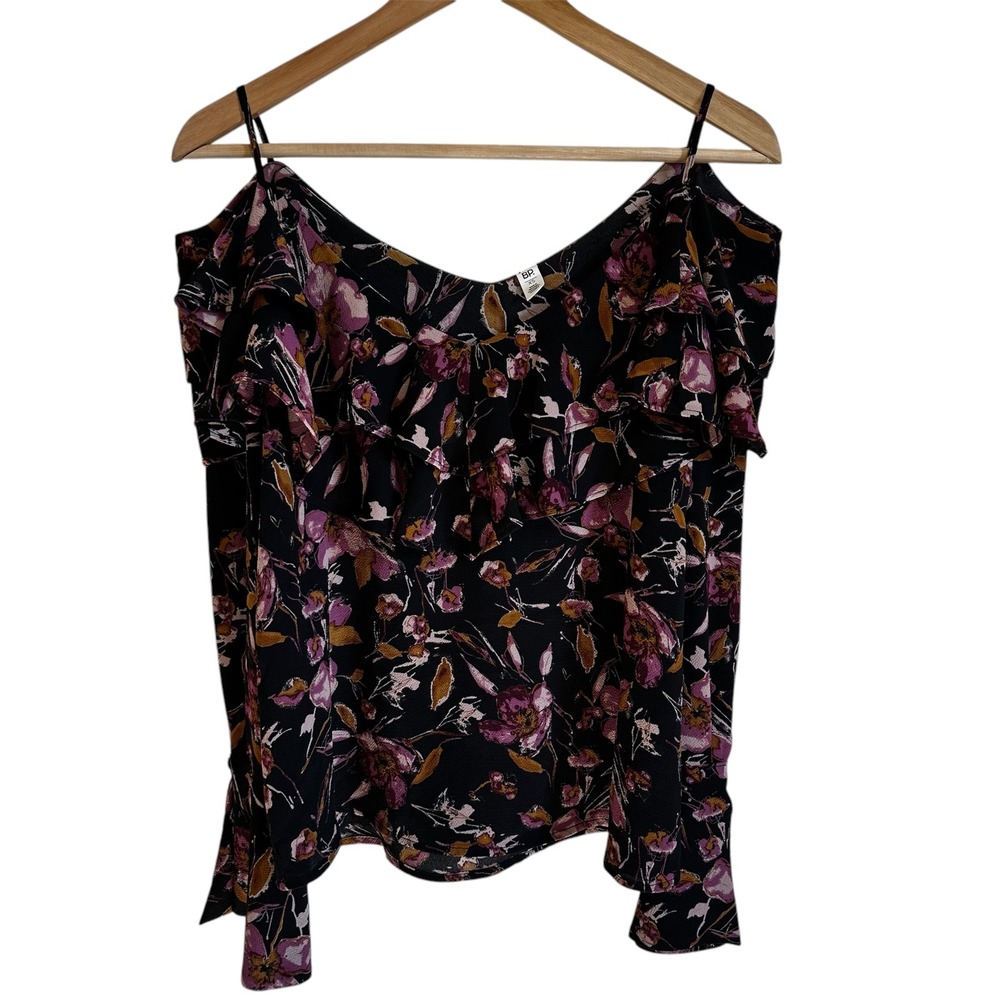 BP Floral Print‎ Cold Shoulder Cami Top Ruffle Black Purple XS